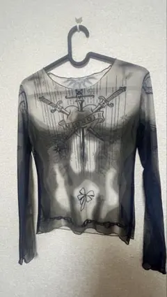 透け感 長袖Tシャツ 天使プリント タトゥーシアースキントップス ブラック