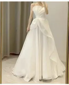 ウエディングドレス 白 ビスチェ Aライン 編み上げ バックリボン