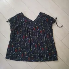 GLOBAL WORK ネイビー 花柄 半袖シャツ リボン付き