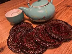 茶托　漆器丸型５枚セット竹細工C156