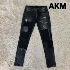 未使用級 AKM ブラックデニム パッチワーク ダメージ加工 スリム ストレッチのサムネイル