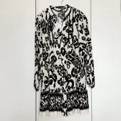 【未使用タグ付き】ZARA リネン混プリントミニワンピース 長袖 Mサイズ