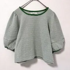 ◉RETRO GIRL　パフスリーブトップス　緑×ボーダー　F　クロップド丈