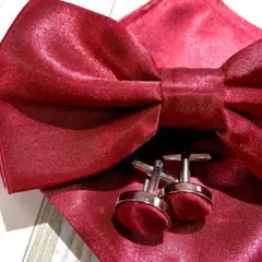 ◆蝶ネクタイ　チーフ　カフス　結婚式　赤　レッド　ワインレッド　赤　Ext