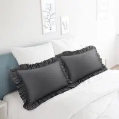 ✨匿名配送✨ 枕カバー 綿100 コットン フリル 2枚　グレー 50x65cm
