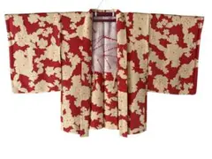 美品 しつけ糸付き★正絹 袷 羽織 綸子 地模様 大振り花文様 赤×クリーム色