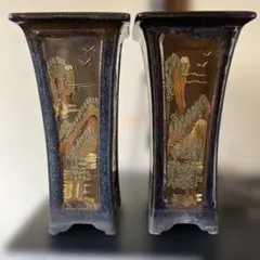 B】希少 中国宜興 盆栽鉢 蘭鉢 懸崖鉢 一対（2客）山水孔雀 泥絵 42cm 