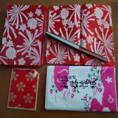 茶道用古帛紗 赤色と白色の花柄 扇子　楊枝入れ