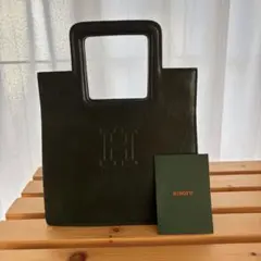 ヒロフ レザートートバッグ スクエア Hロゴ ミニバッグ 深緑