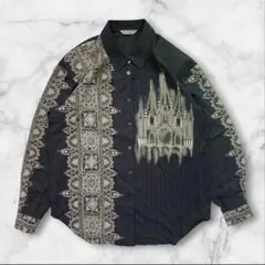 ヴィンテージ 一点物 総柄シャツ キュプラ混 幾何学 レトロ モード 古着