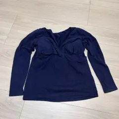 大きいサイズ 授乳用ネイビーVネック長袖トップス