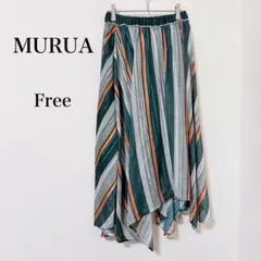 ムルーア◇アシンメトリー フレアスカート ラメ混 グリーン ストライプのサムネイル