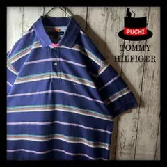 【トミーヒルフィガー】ボーダーポロシャツ☆マルチカラー☆ゆるダボ☆L☆ネイビー