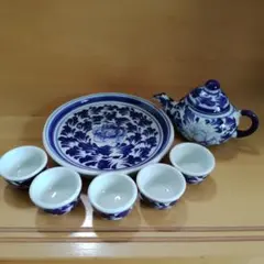 ★美品　中国　茶器セット　青白磁　花柄　急須　小さなサイズ　牡丹　茶器