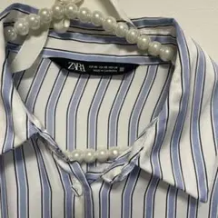ZARA サテン 青と白のストライプ 長袖シャツ