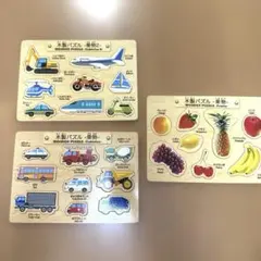 知育　英語　かたはめ　木製パズル 乗り物 果物 3点セット　DAISO 廃盤