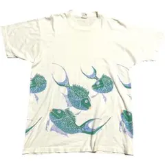 90s ヴィンテージ 魚 総柄 USA製 XL シングルステッチ アートT