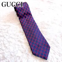 【極美品】グッチ✨現行 ロゴ総柄 GG柄 ネイビー レッド メンズ ネクタイ