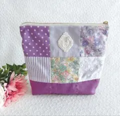 ファスナーポーチ　小物入れ　パッチワーク　ハンドメイド　レース　花柄