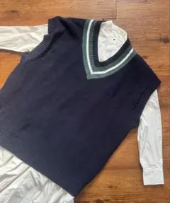 ネイビー Vネック ニットベスト ストライプ襟