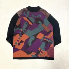 個性派 総柄ニット セーター アート柄 ニット 紫 オレンジ レトロ 古着