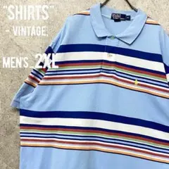 レアデザイン○90s《ポロバイラルフローレン》ボーダーポロシャツ/ブルー/2XL