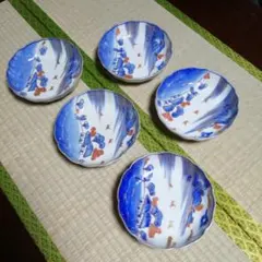 伊万里　金彩染付膾皿　5客　15cm　明治～大正期