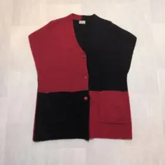 【SALE】ニットベスト　ジレ 　バイカラー　赤黒 ボタン付き　レトロ　昭和