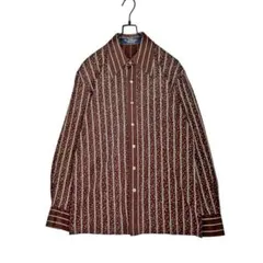 70s ヴィンテージ 幾何学ストライプ柄 シャツ 長袖 L ブラウン レトロ古着