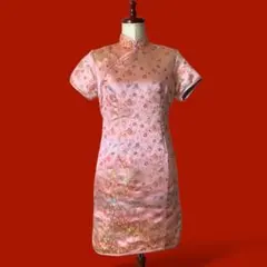 ap様◎チャイナドレス 薄ピンク 半袖 ミニ丈 ワンピース 民族衣装 刺繍サテン