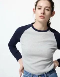 ユニクロ　ソフトリブT/ラグラン　ネイビー　L