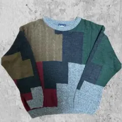 B.H.G パッチワークニット 90s配色 マルチカラー 立体編み 個性派 古着