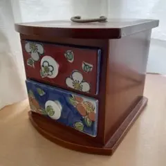 アンティーク　陶器の花柄の木製小物入れ　2段ボックス