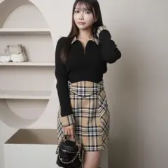 LIP SERVICE チェックカラーリブニット コルセットチェックミニスカート