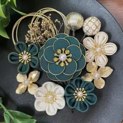 つまみ細工 髪飾り 成人式 卒業式 前撮り 深緑 11点セット【347】