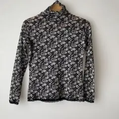 HANAEMORI 森英恵　上品　花柄　長袖ハイネック　シアー　黒白M 裾レースのサムネイル
