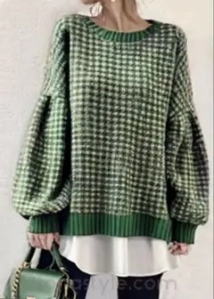綺麗系トップス　グリーン チェック柄 バルーンスリーブ ニットセーター