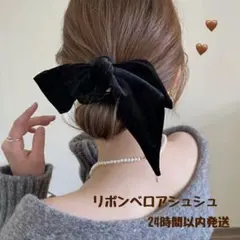 ベロアリボンシュシュ　韓国　ヘアゴム　オシャレ　シュシュ　リボン　お呼ばれ　簡単