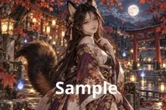 紅葉夜に佇む黒狐の姫 デジタルアート イラスト ポストカード