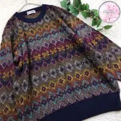 【古着コーデのアイテムに！】ニット セーター　LL　総柄　個性的 袖太