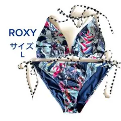 ROXY ビキニ 水着 L ボタニカル柄 三角ビキニ パッド付 サイドリボン