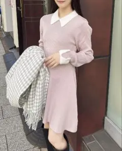INGNI フェザー襟リブニットワンピース