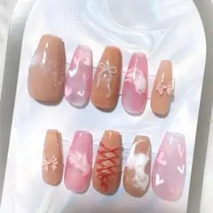 秋ネイル ハート リボン 派手 ネイルチップ ピンク ブラウン ミディアム