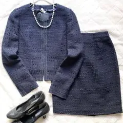 アンタイトル スーツ スカート セットアップ ノーカラー ツイード ラメ 紺色