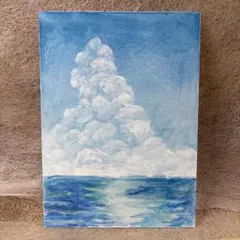 飛行機雲と青空の風景画 絵画 原画 10㎝ミニキャンバス アート 抽象画