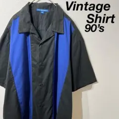 【海外古着】90’sキューバシャツ ラインデザイン半袖シャツ ブラック XL