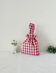 679きんちゃく袋持ち手つき　赤約9ミリギンガムチェック　4　ハンドメイド