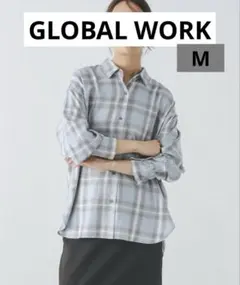 GLOBAL WORK ラメチェックシャツ長袖　ブルー　Mサイズ
