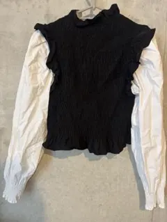 ZARA 長袖 シャーリングブラウス ブラック ホワイト S
