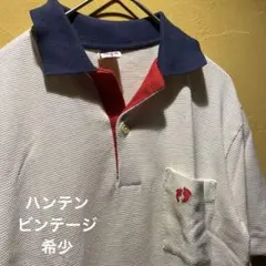 HANG TEN ★ハンテンポロシャツ Sサイズ ホワイト/ネイビー　ビンテージのサムネイル